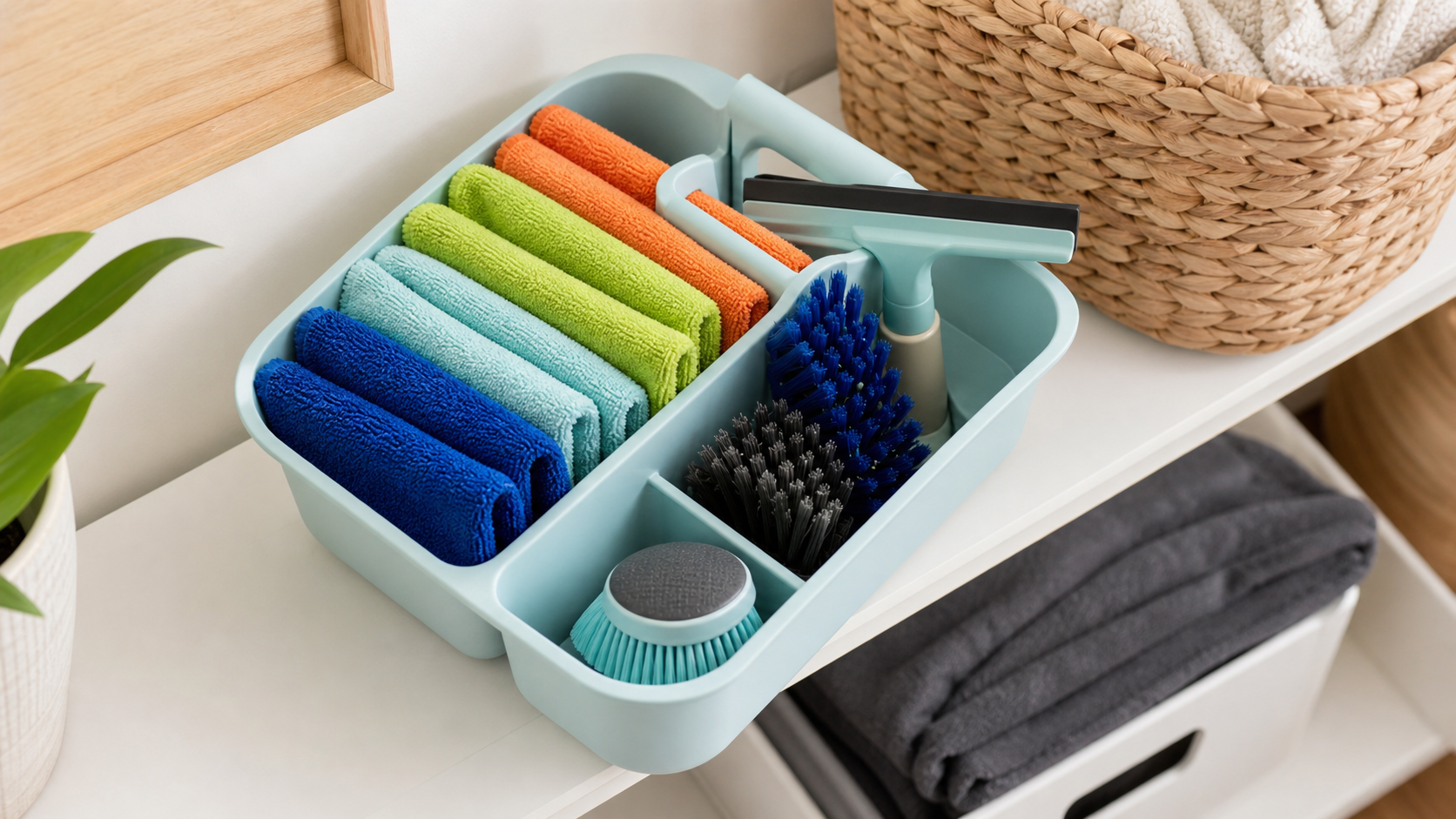 Reusable microfiber cloths and manual brushes sorted into an open compact caddy.