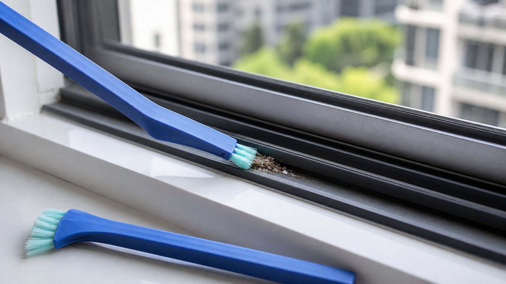 A narrow manual brush lifting loose debris from an apartment window track.