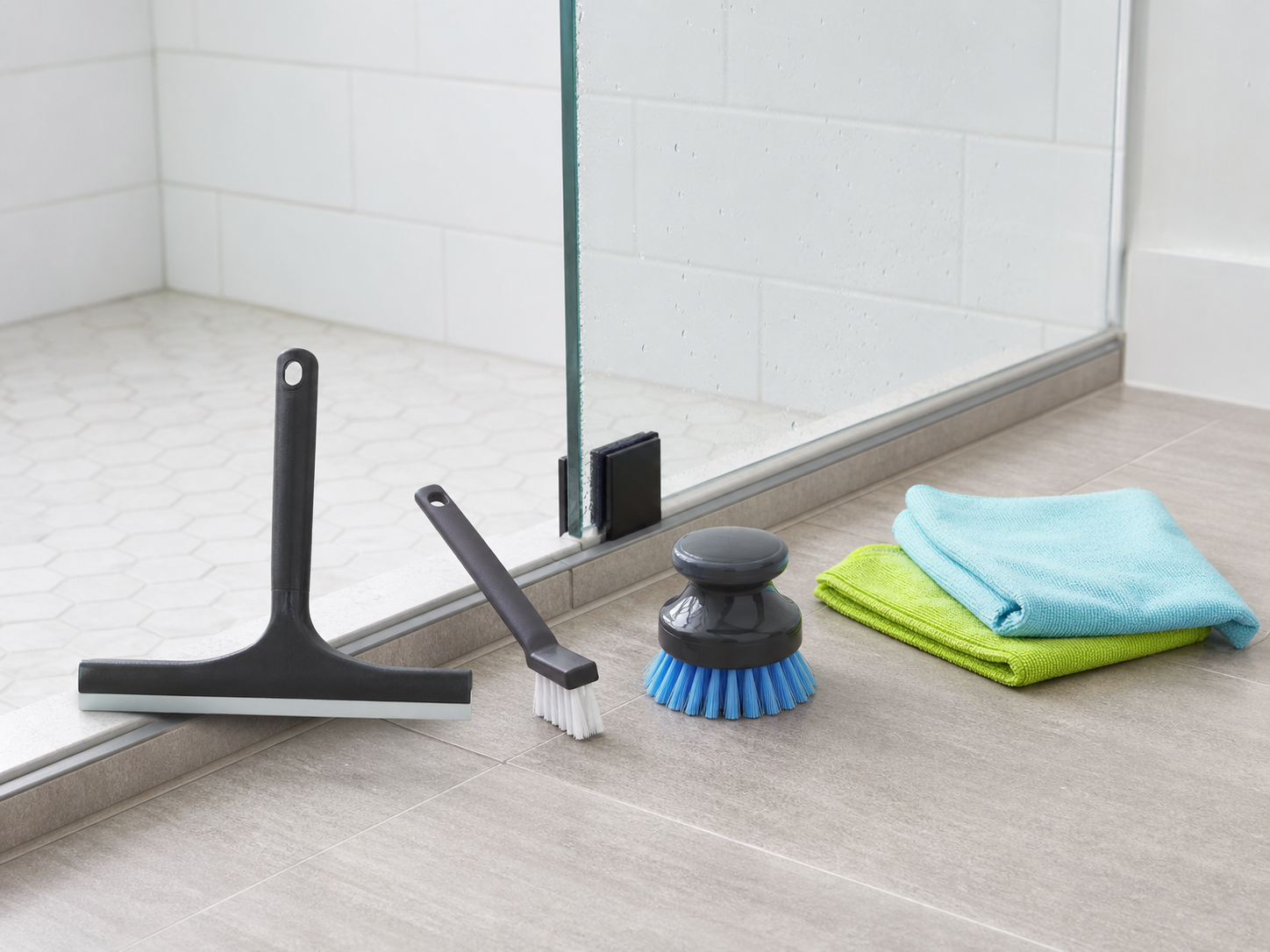A compact squeegee, grout brush, and palm scrubber beside clean bathroom tile.