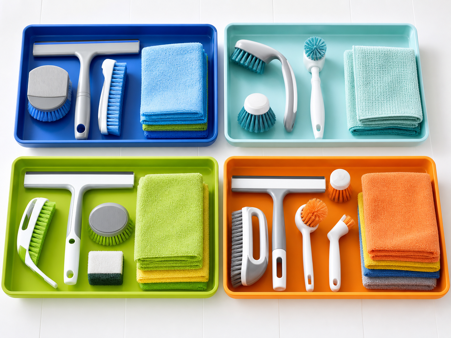 Four compact manual cleaning-tool sets organized in color-coded trays.