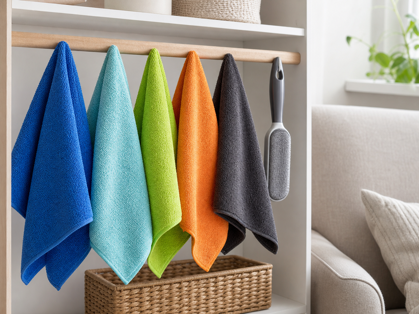 Color-coded reusable microfiber cloths folded on a compact laundry shelf.