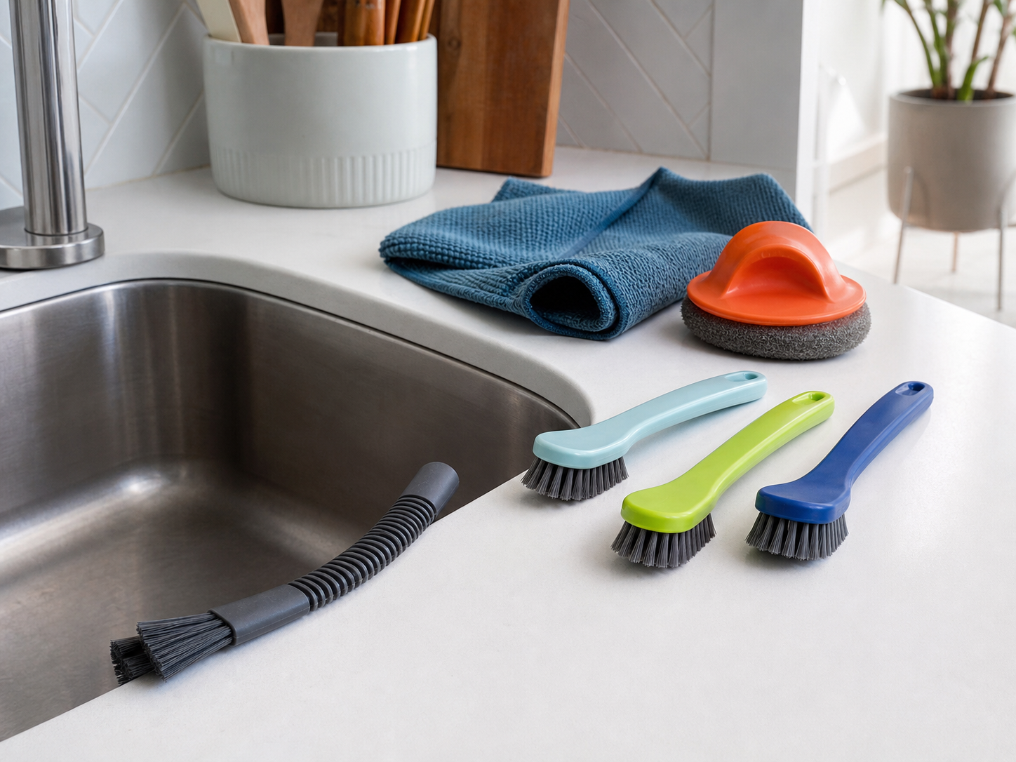 Manual detail tools arranged around a bright apartment sink edge.