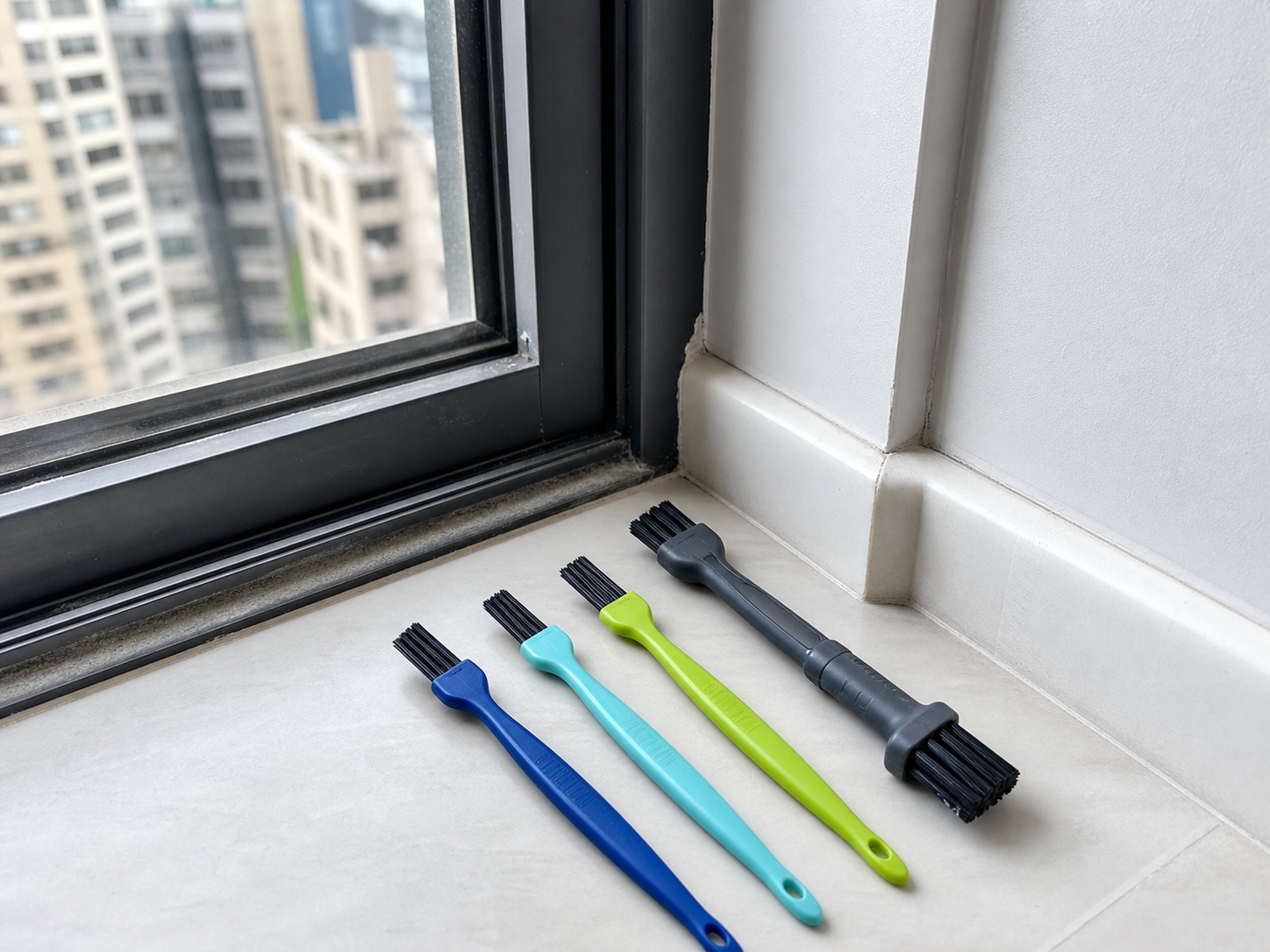 Slim manual brushes placed beside an apartment window track and narrow frame edges.