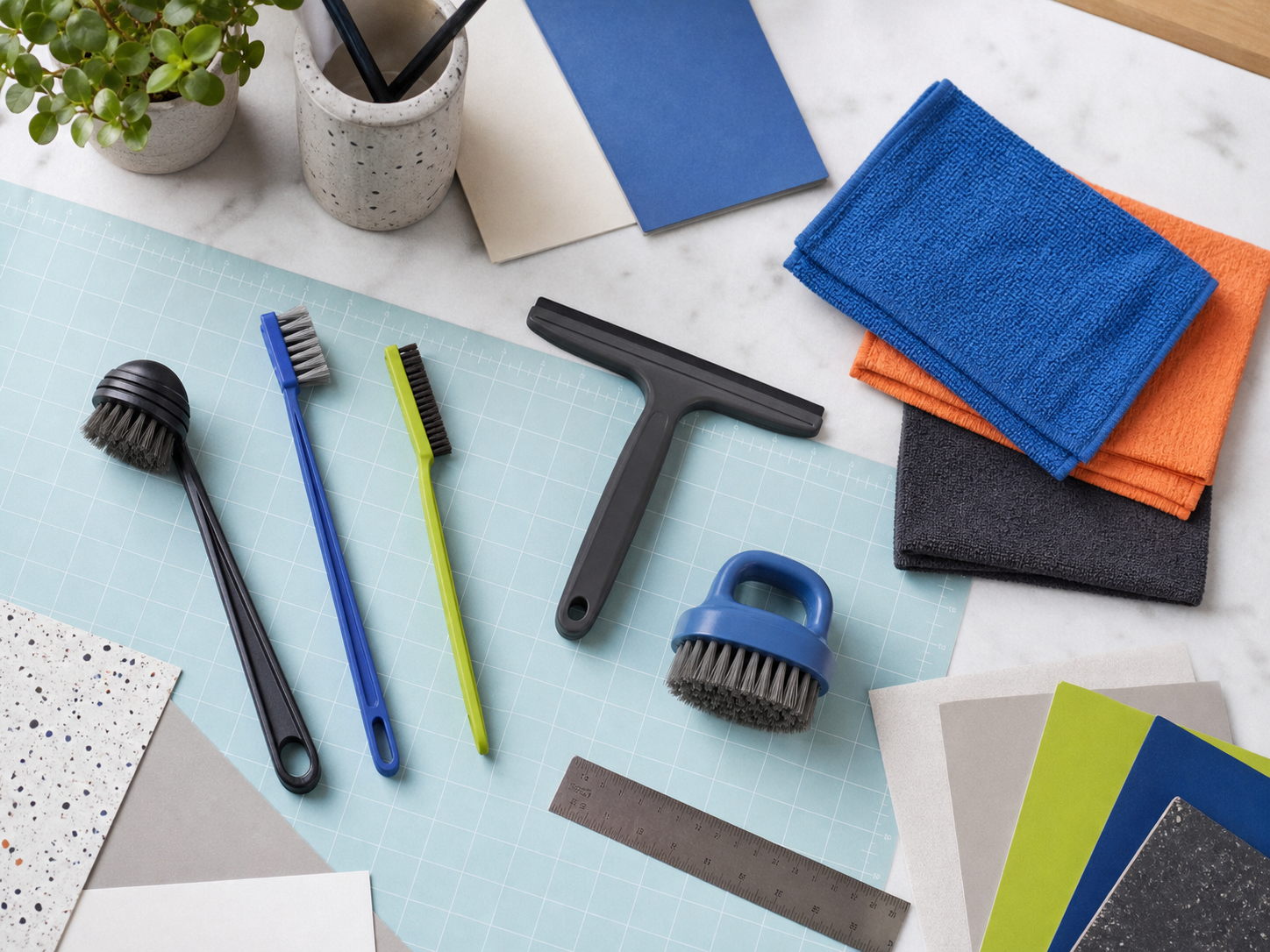 A top-down workbench view of compact manual cleaning tools grouped by task.