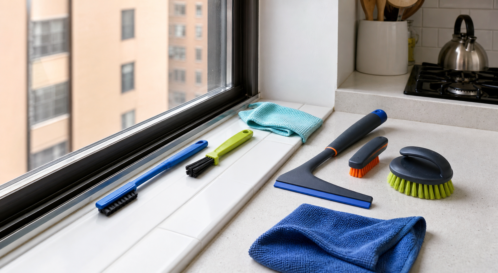 Manual detail brushes, microfiber cloths, a compact squeegee, and scrubbers arranged beside an apartment window track.